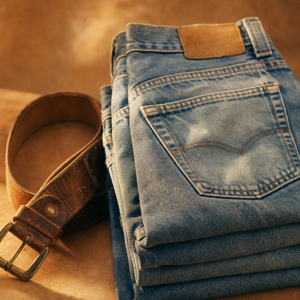 Close-up of sun-faded vintage denim folded beside a worn leather belt