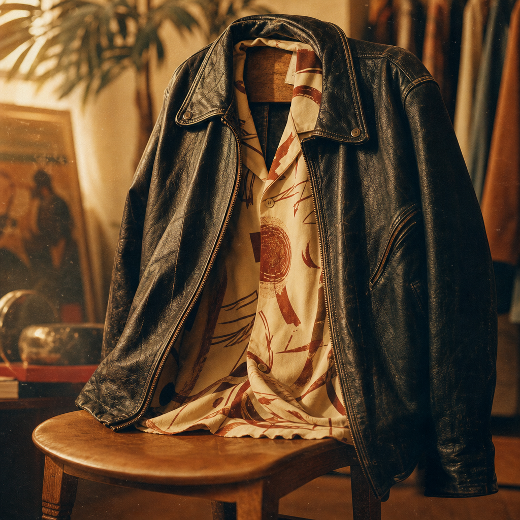 Vintage black leather jacket draped over a chair with a printed shirt peeking out