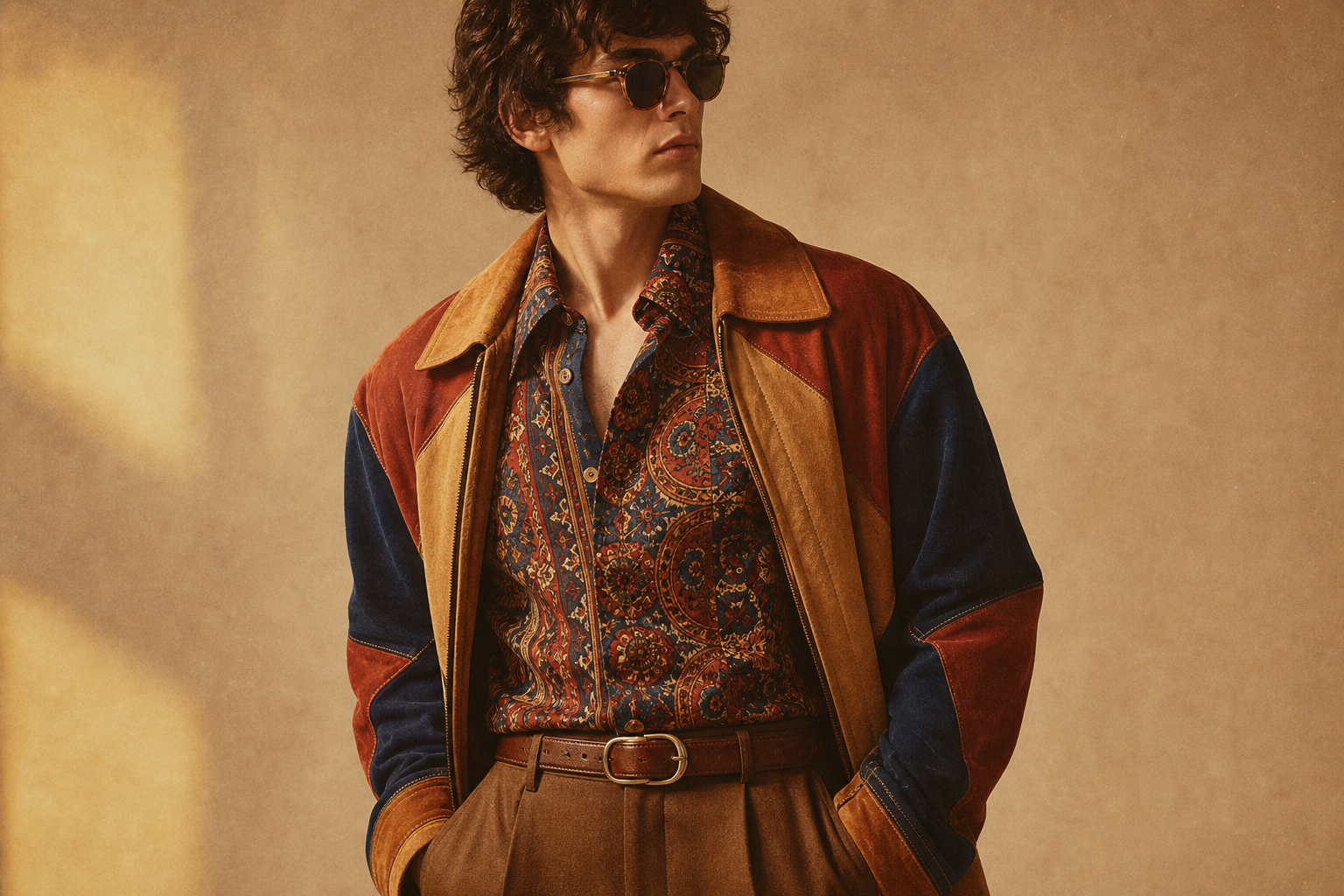 Patterned vintage shirt layered with a bold statement jacket on a warm-toned studio backdrop
