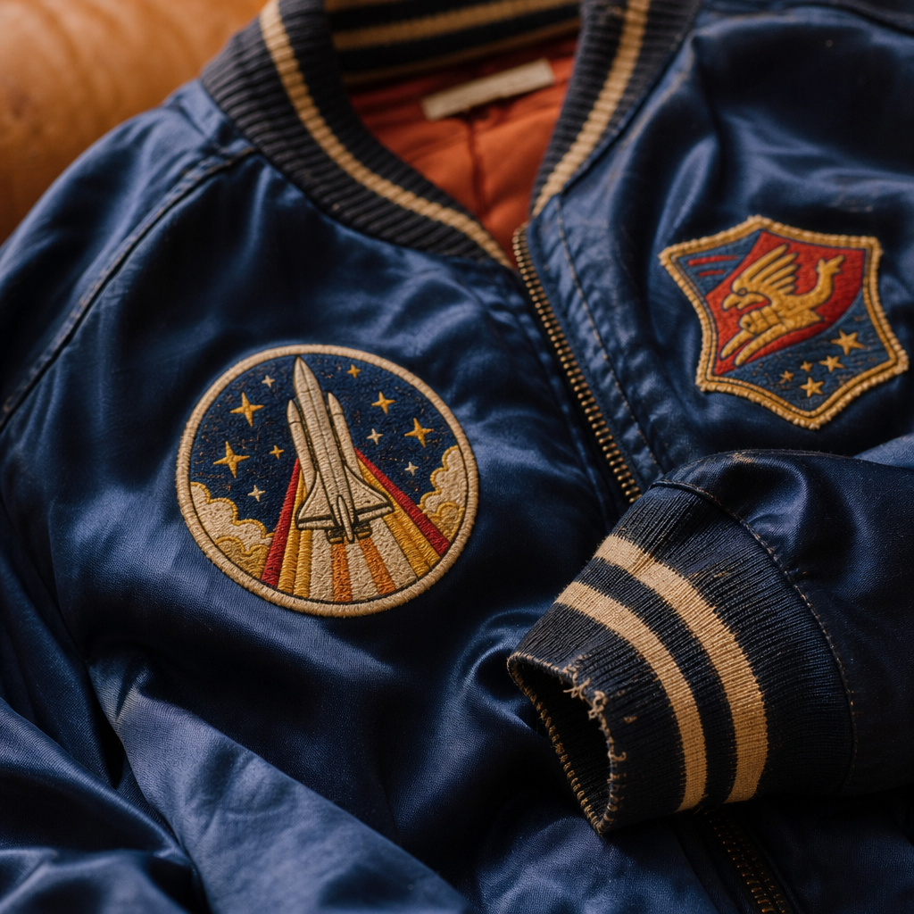 Close-up of a navy satin bomber with embroidered patches and worn ribbed cuffs in warm ambient light