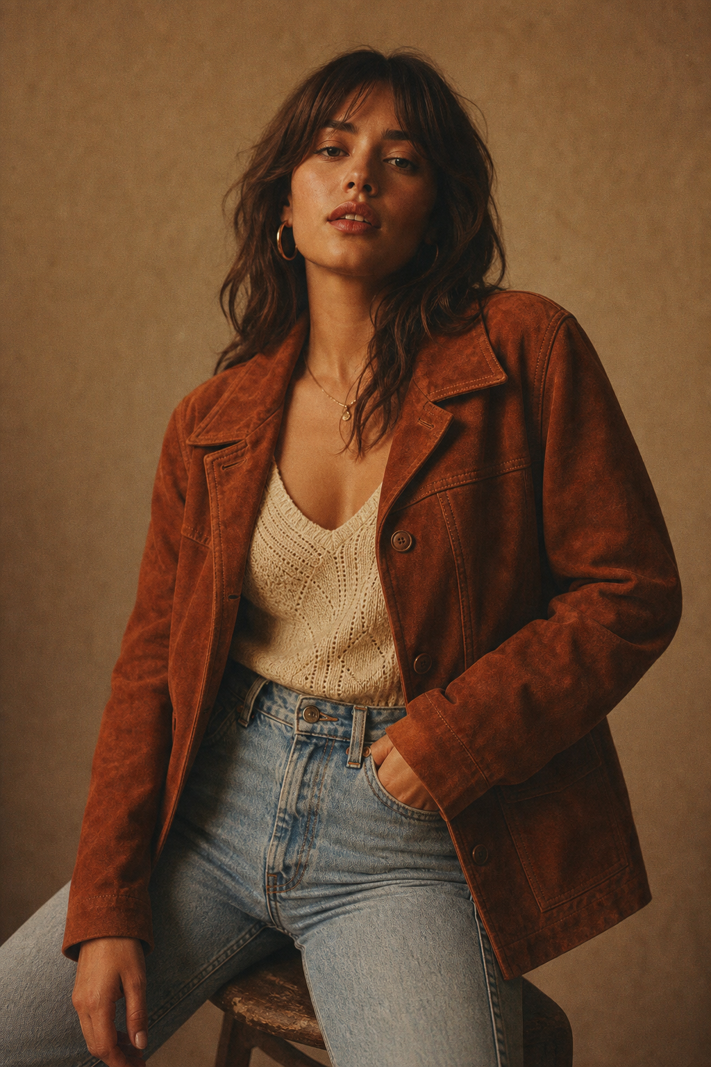 Studio portrait of a model wearing a rust suede jacket and high-waisted denim, photographed on warm film with soft grain