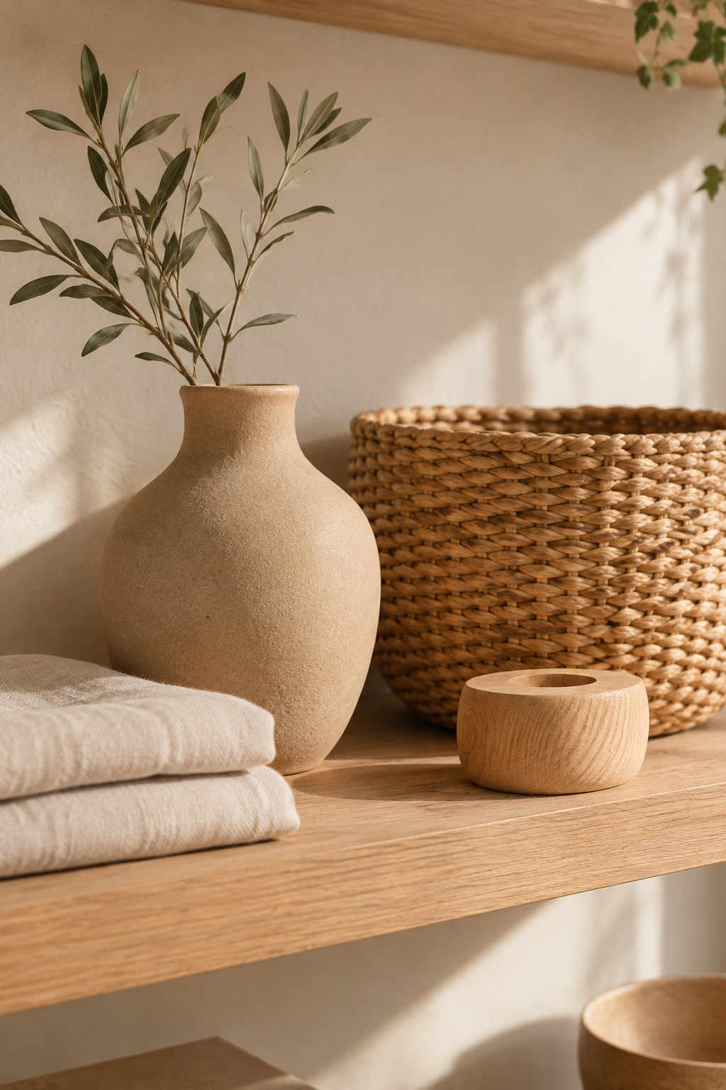 Close-up home decor styling with a matte ceramic vase, woven basket, folded linen cloth, and light oak accents in soft daylight