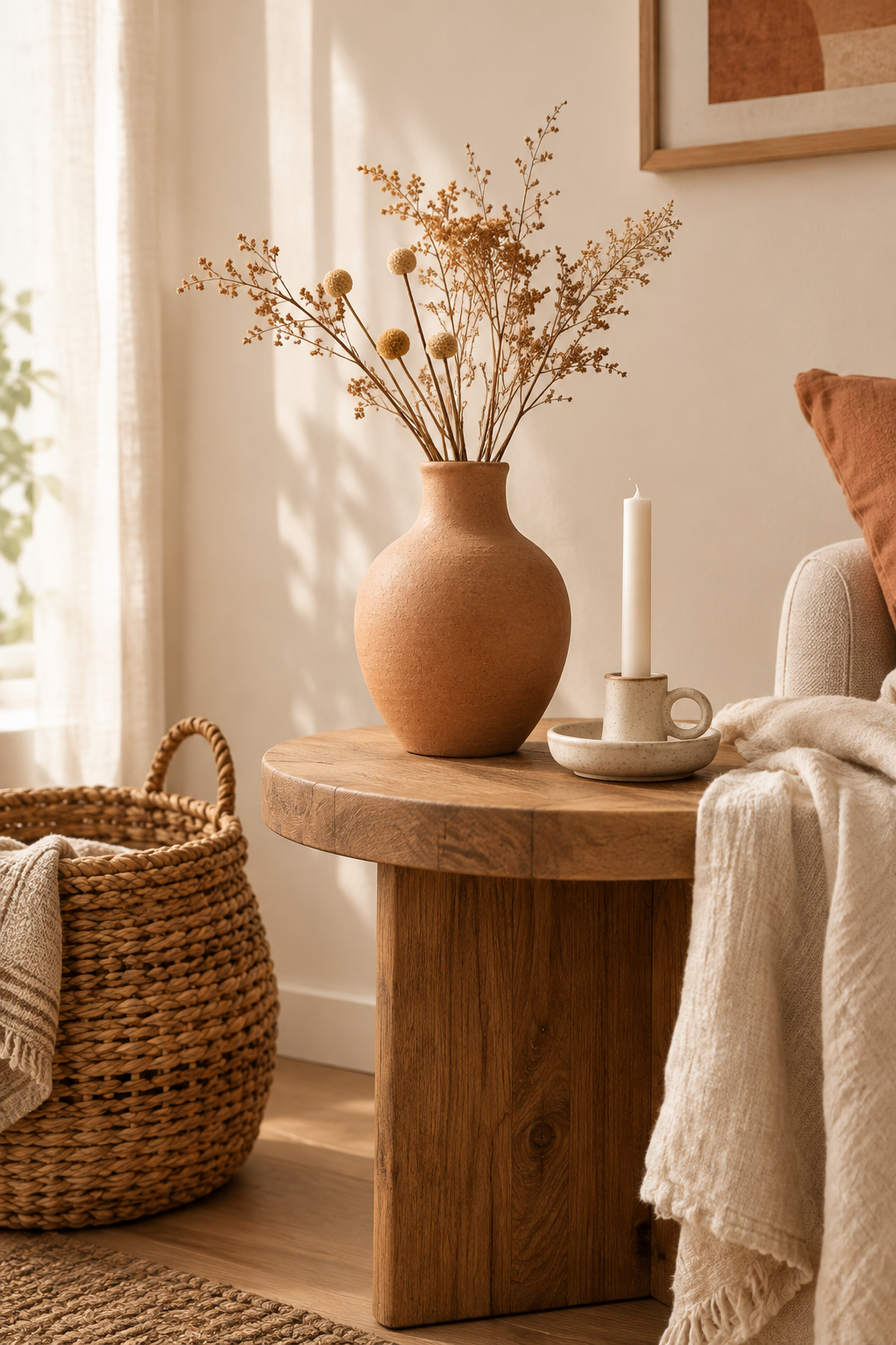 Warm home vignette with a handmade ceramic vase, woven basket, candle holder, linen fabric, wood accents, and soft daylight