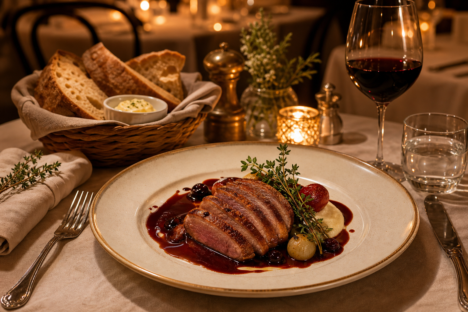 温暖灯光下的法式餐桌，摆放着精致主菜、黄油面包与香草点缀