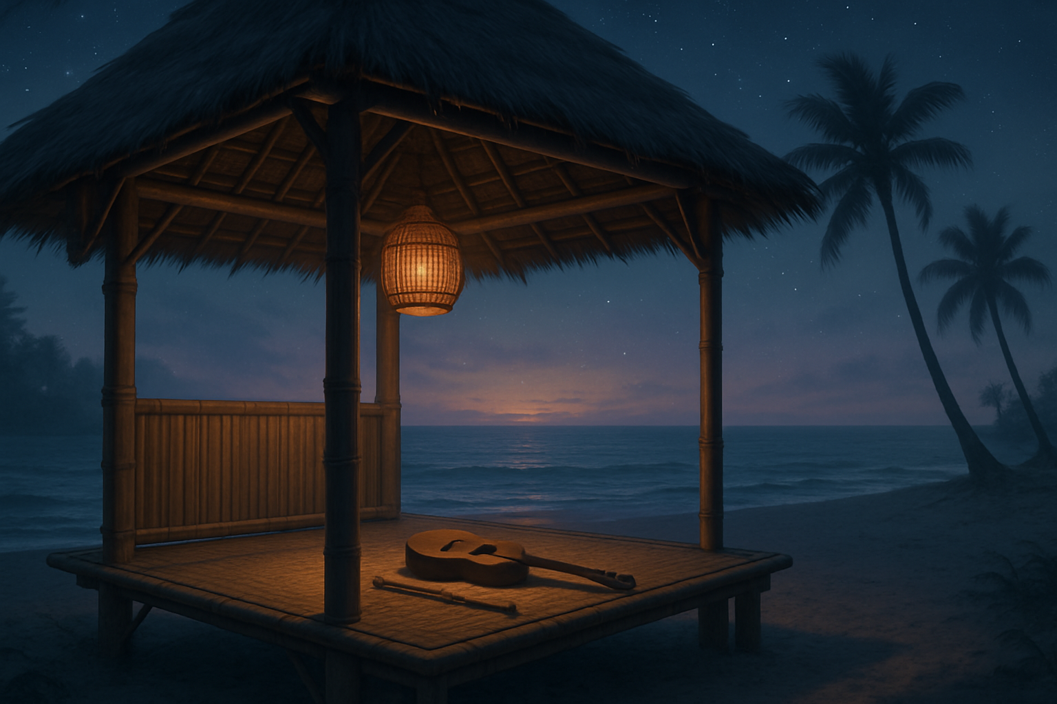 Open bamboo hut on a calm South Sea shore at dusk with soft lantern glow and a few instruments resting inside