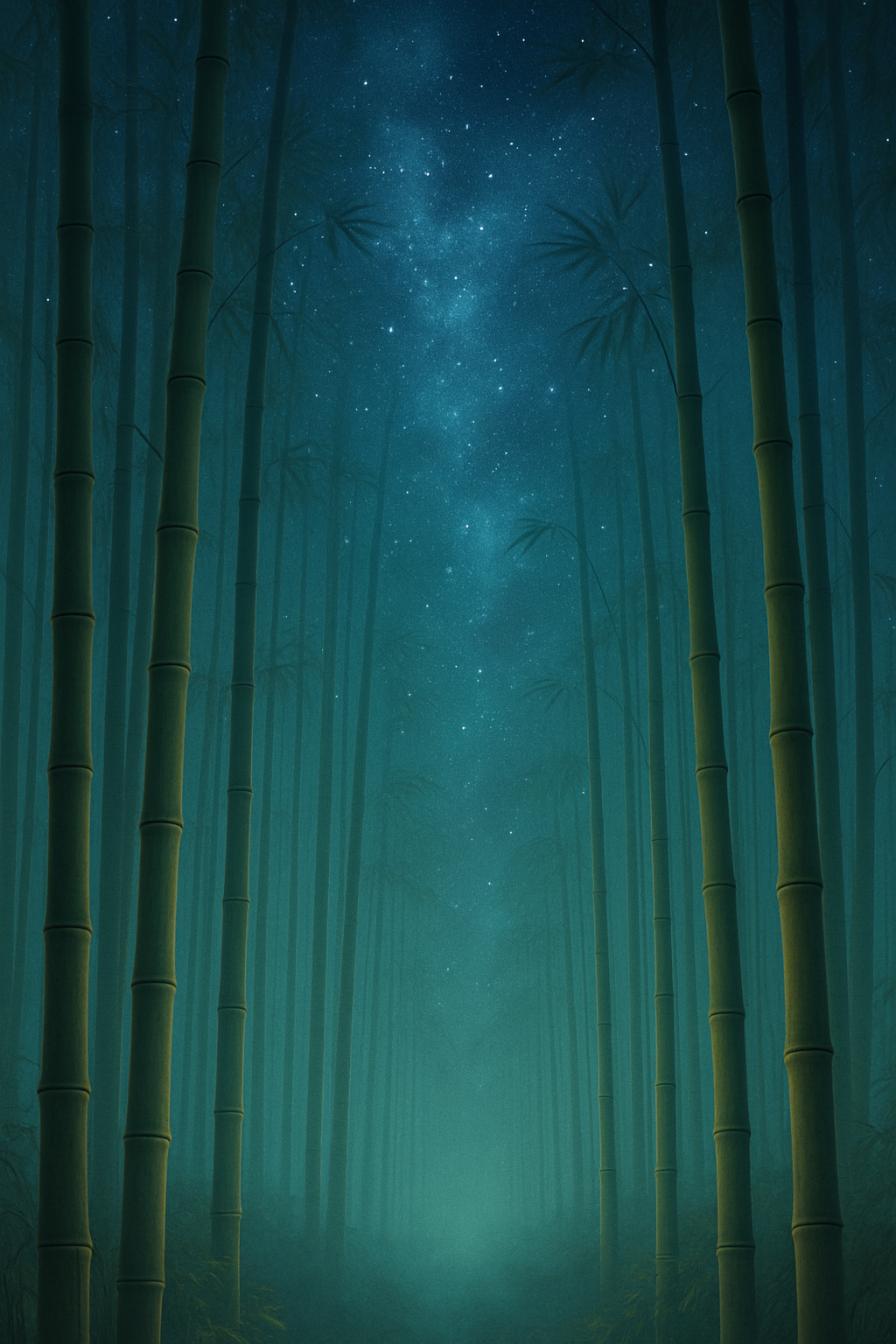 Ethereal bamboo forest under a cosmic sky with starlit mist