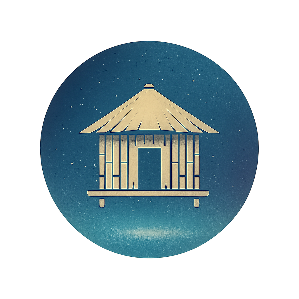 Floating bamboo hut logo in soft luminous tones