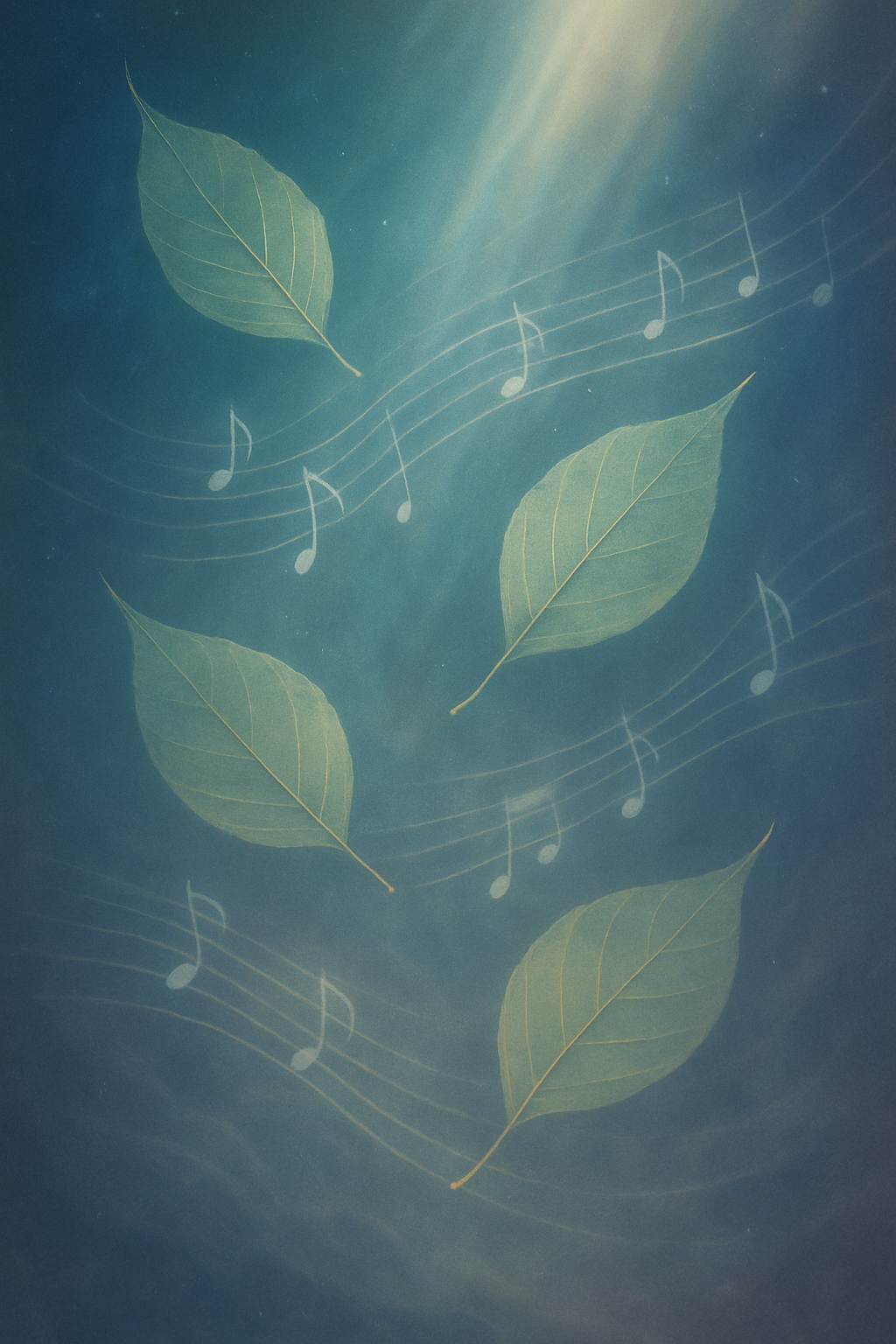 Floating translucent leaves interwoven with flowing musical notes and soft light