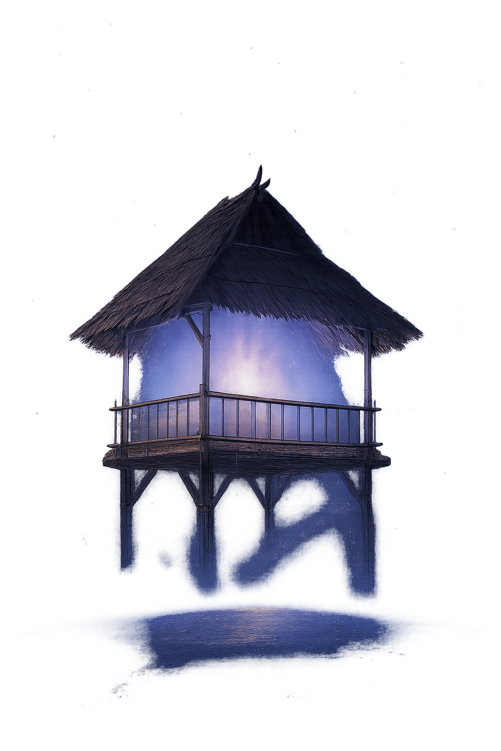 Visionary bamboo hut glowing with quantum light, suspended over earth and stars