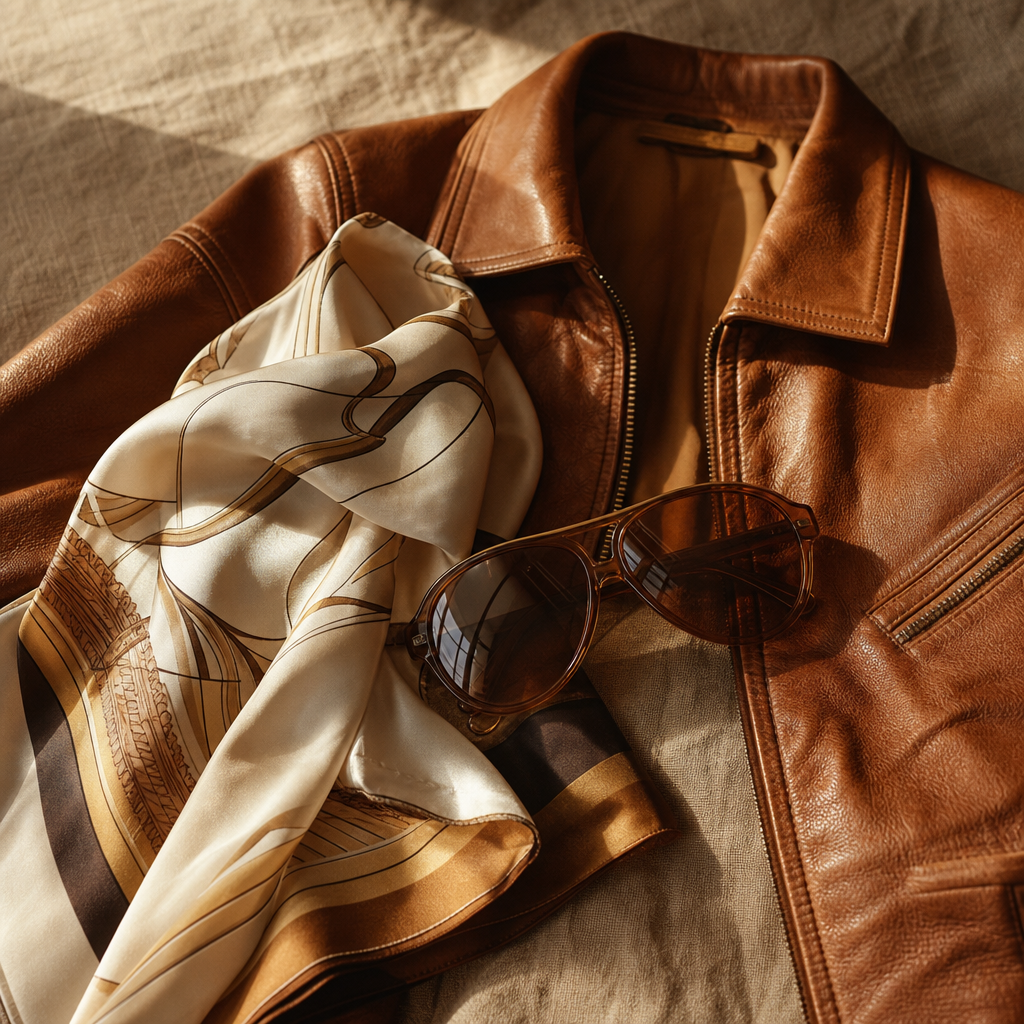 Warm editorial scene with a vintage leather jacket, silk scarf, and retro sunglasses arranged on textured fabric