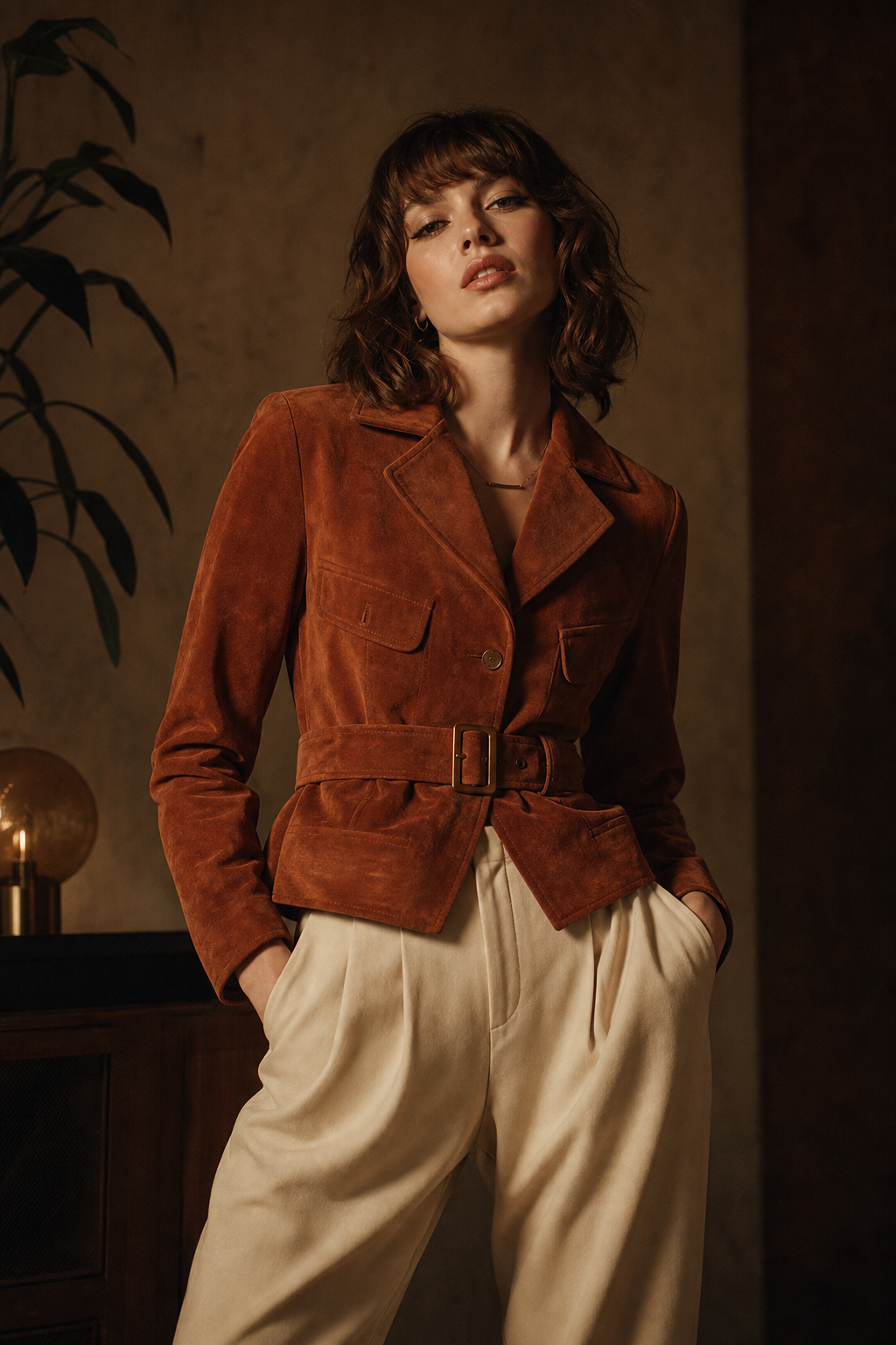 Model wearing a burnt sienna suede jacket and high-waisted trousers in warm cinematic lighting