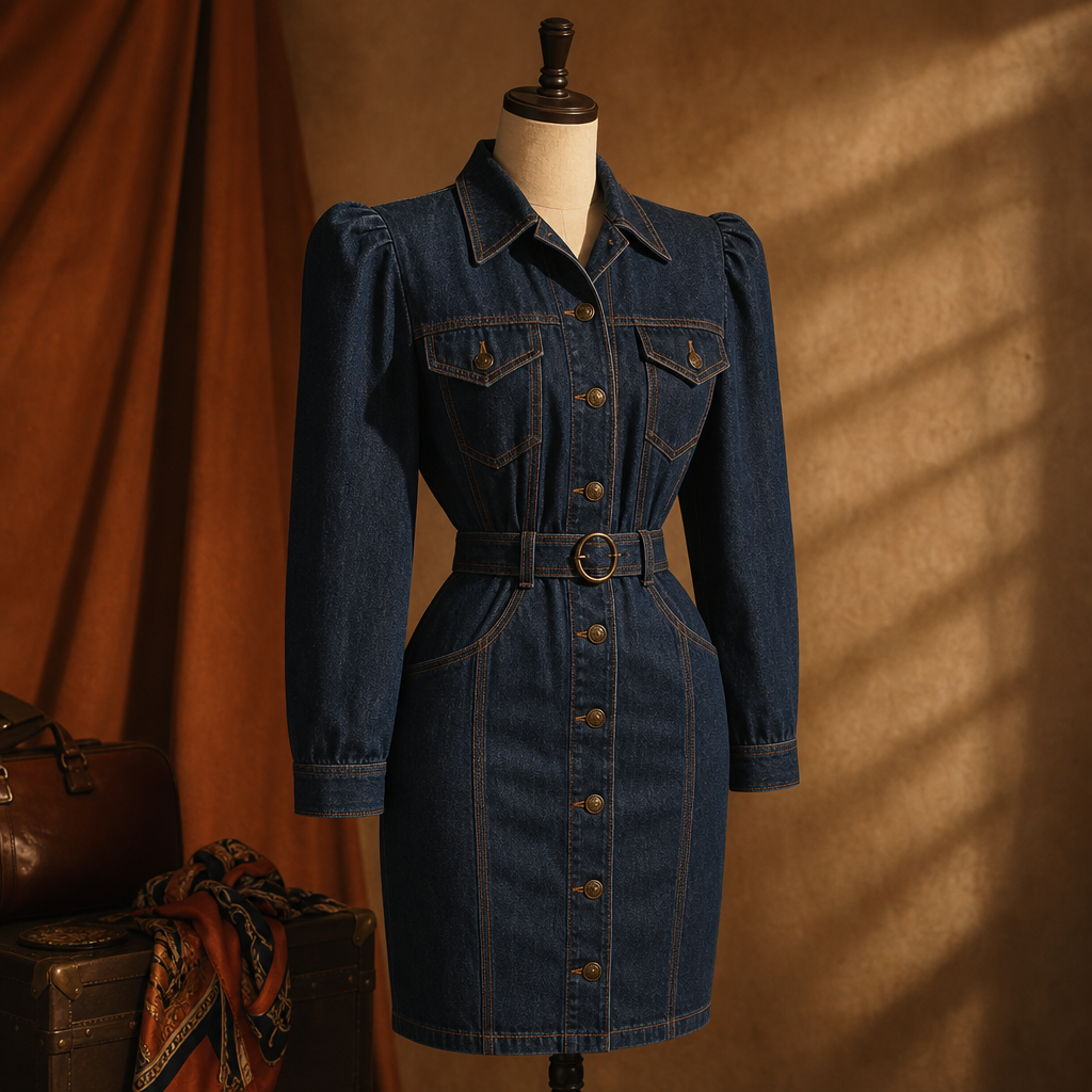 Deep indigo 1980s denim dress with strong shoulders, cinched waist, and contrast stitching
