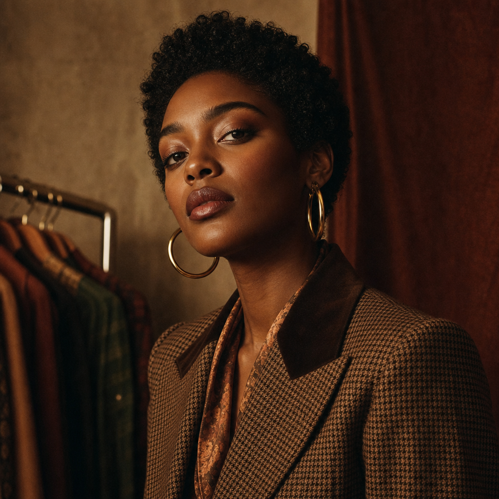 Portrait of a stylish woman with deep brown skin, short natural curls, and gold hoop earrings wearing a vintage blazer