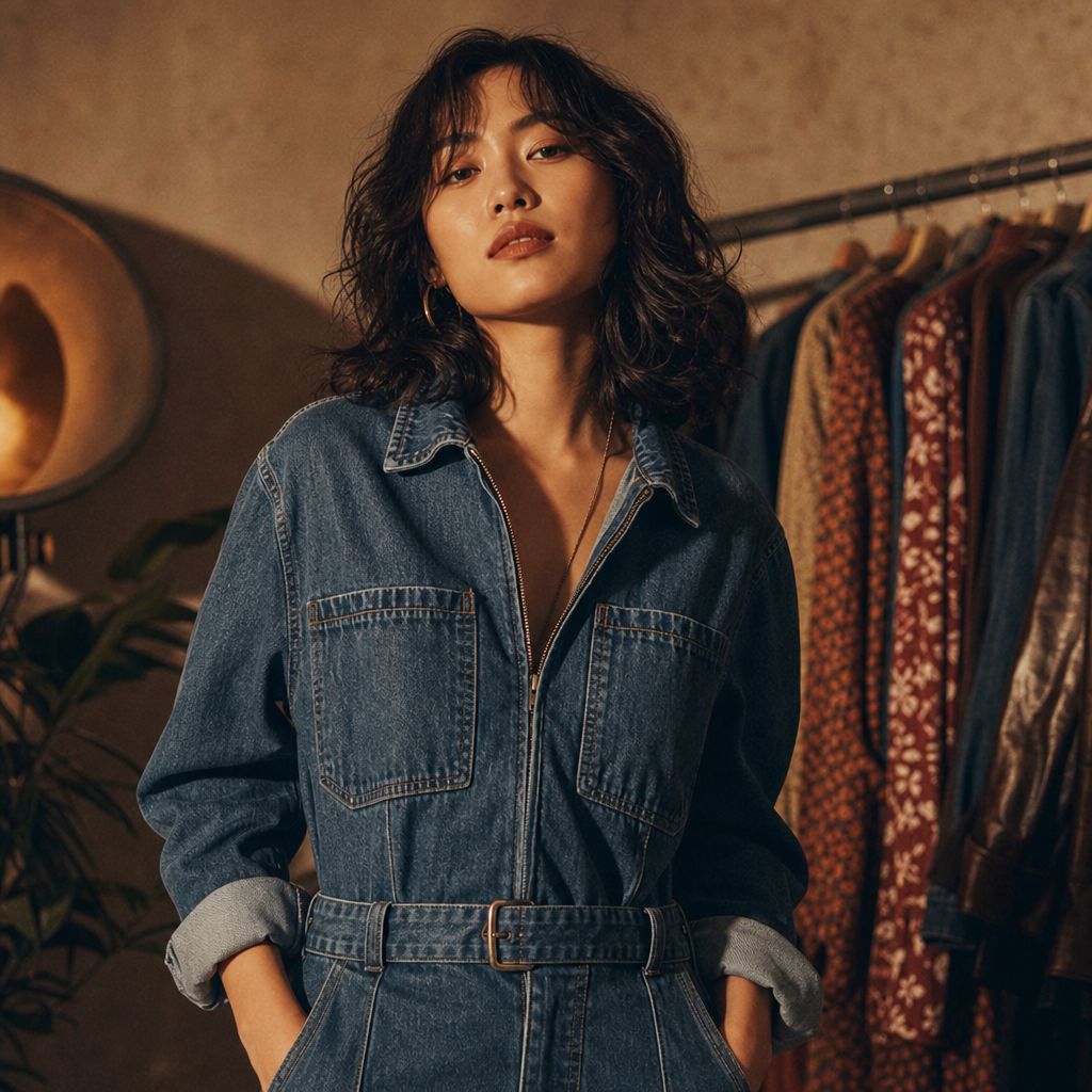 Portrait of an East Asian person with shoulder-length wavy hair, wearing a denim jumpsuit and a confident expression