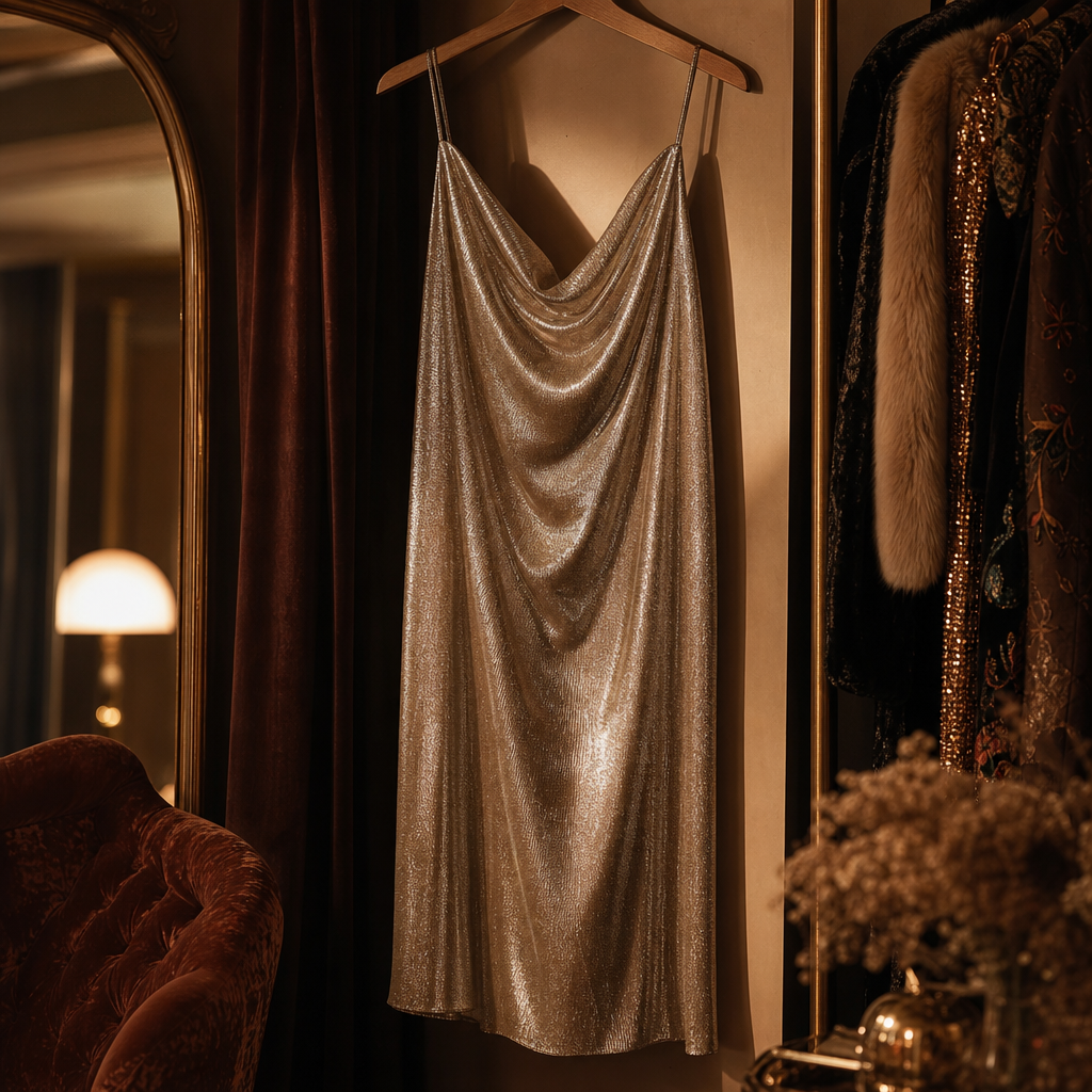 Metallic champagne 1980s evening dress with draped neckline and soft studio glow