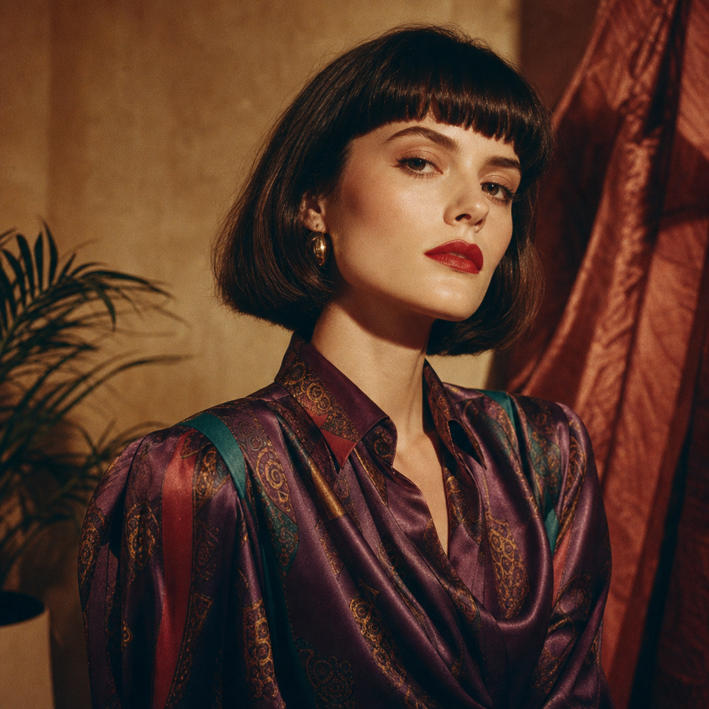 Portrait of a light-skinned person with a sharp bob haircut, red lipstick, and a silk blouse against a warm studio backdrop