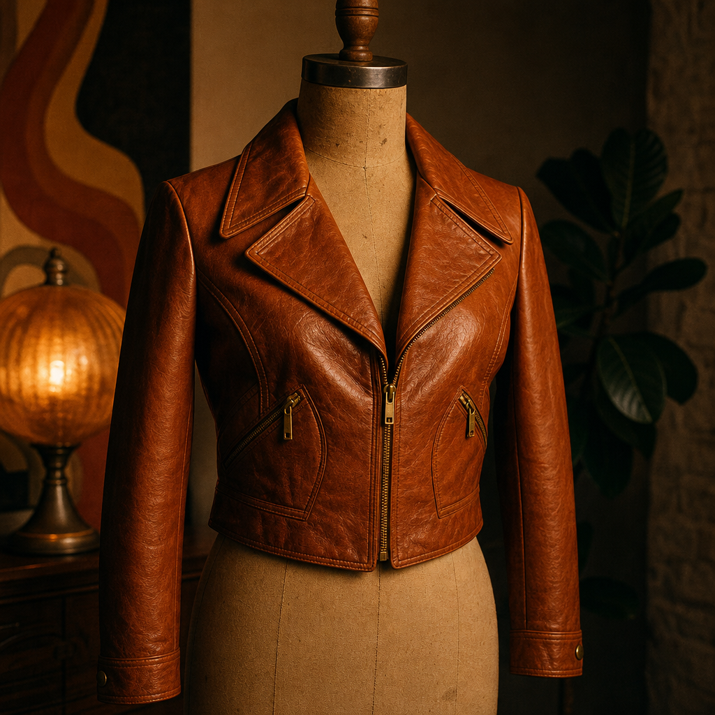 Cognac brown 1970s leather jacket with a cropped fit, wide lapels, and warm film lighting