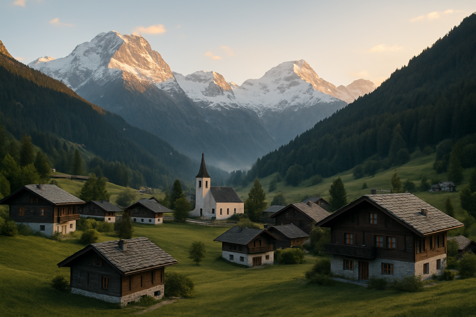 Alpine village nestled in valley with traditional chalets and snow-capped peaks at golden hour
