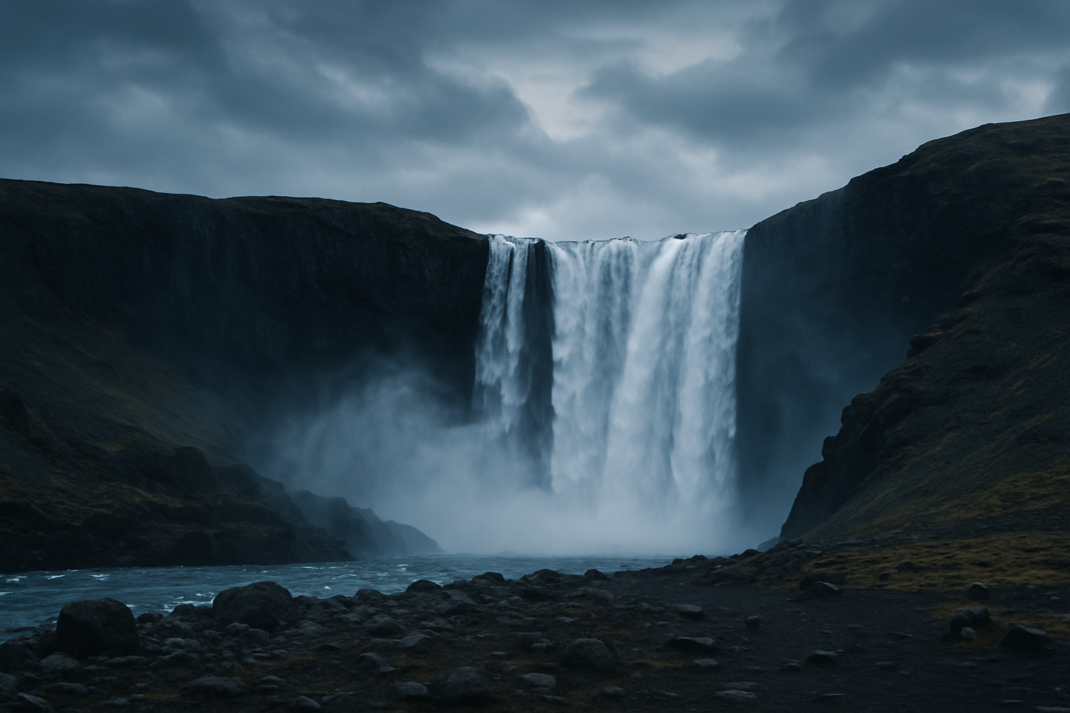 Icelandic waterfall with misty spray cascading down dark basalt cliffs