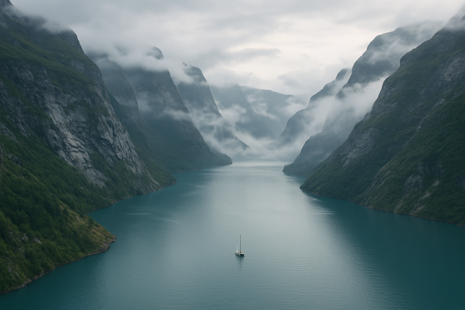 Norwegian fjord with steep mountain cliffs and serene turquoise waters