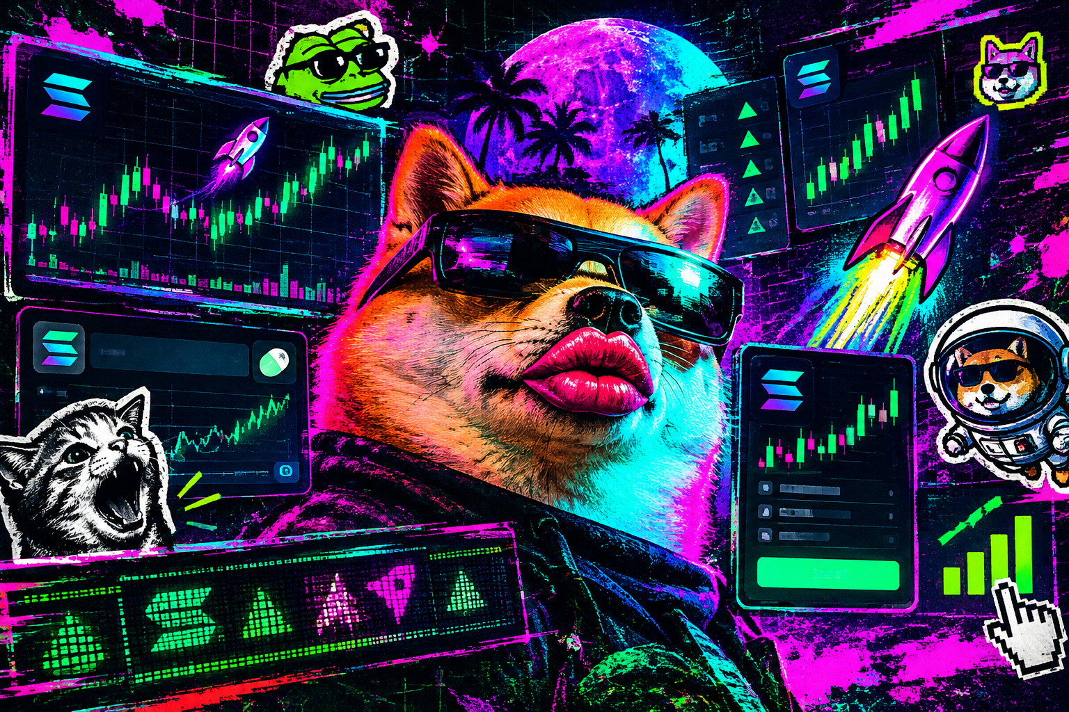 Horizontal chaotic crypto-launch scene with meme stickers, UI fragments, and signal-bar motifs