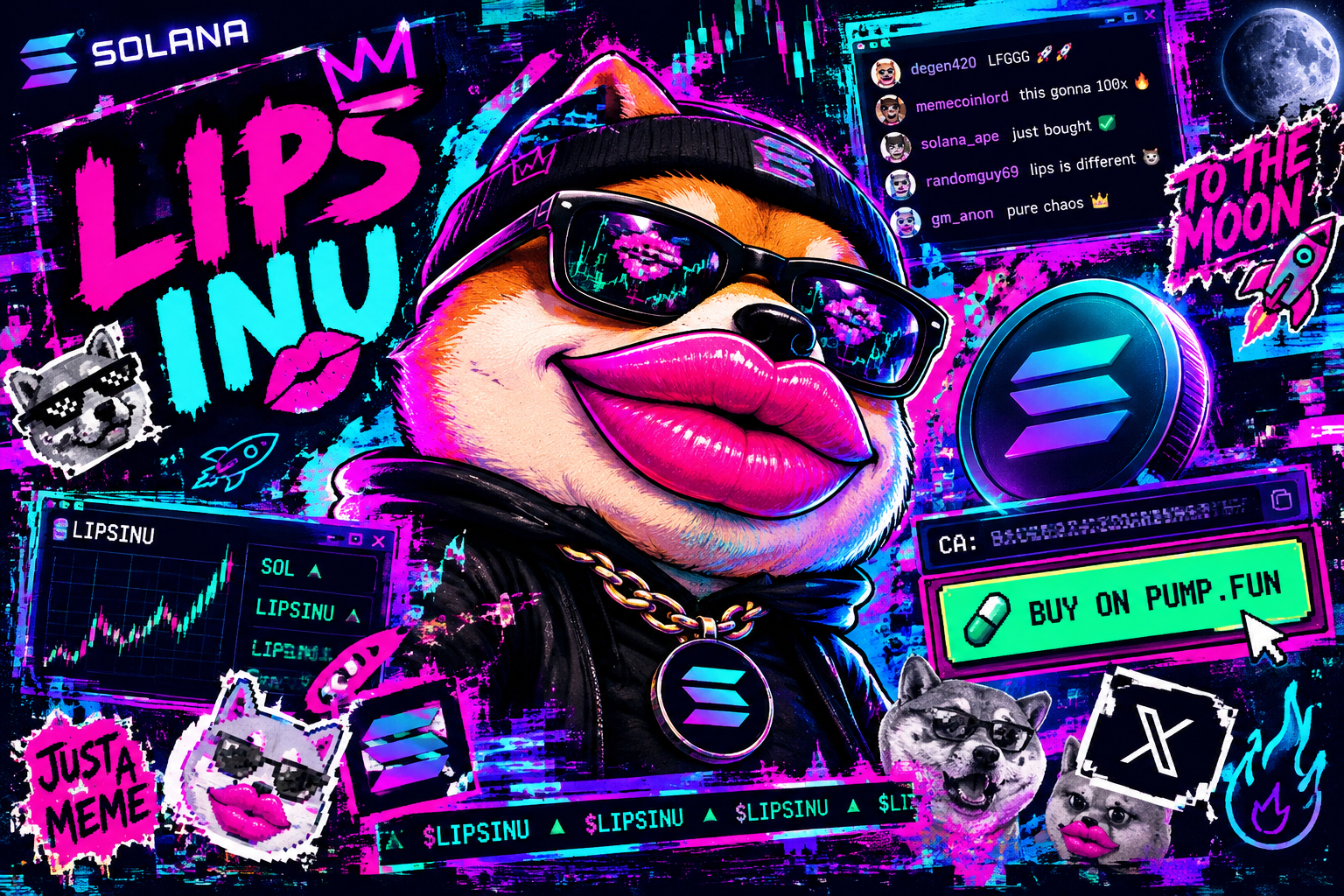 Horizontal artwork of Lips inu in a chaotic neon meme scene with glitchy stickers and crypto UI fragments
