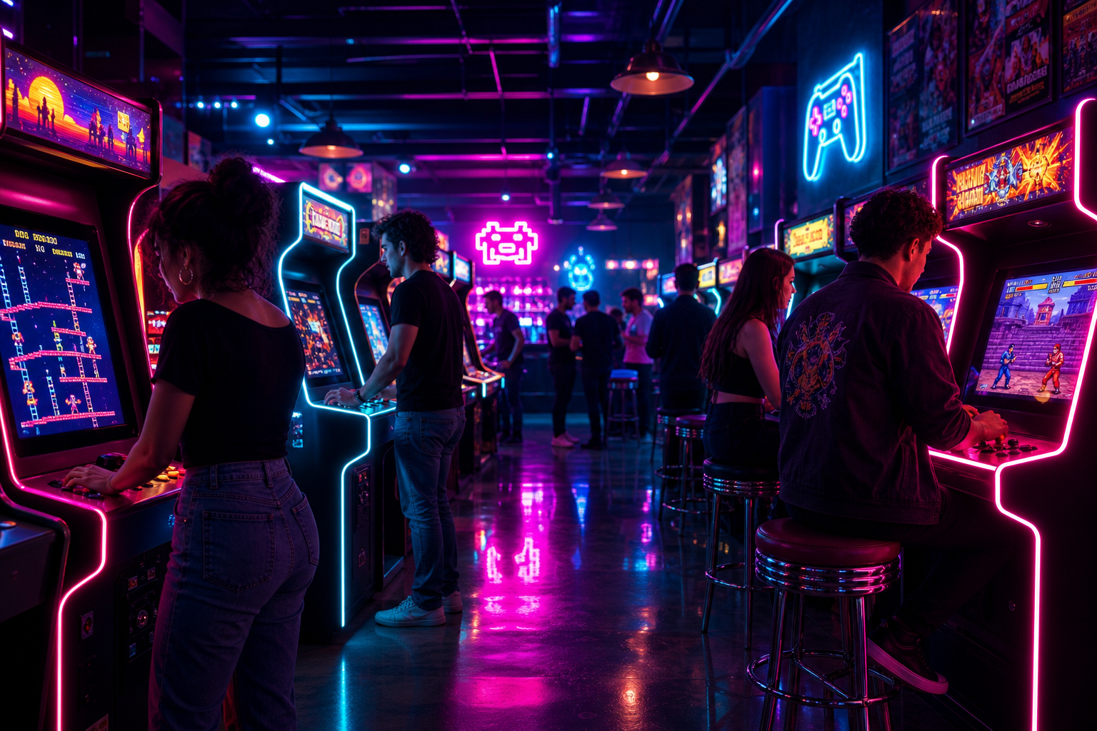 Neon-lit arcade floor with glowing cabinets, friends playing classic games, and magenta-cyan lights