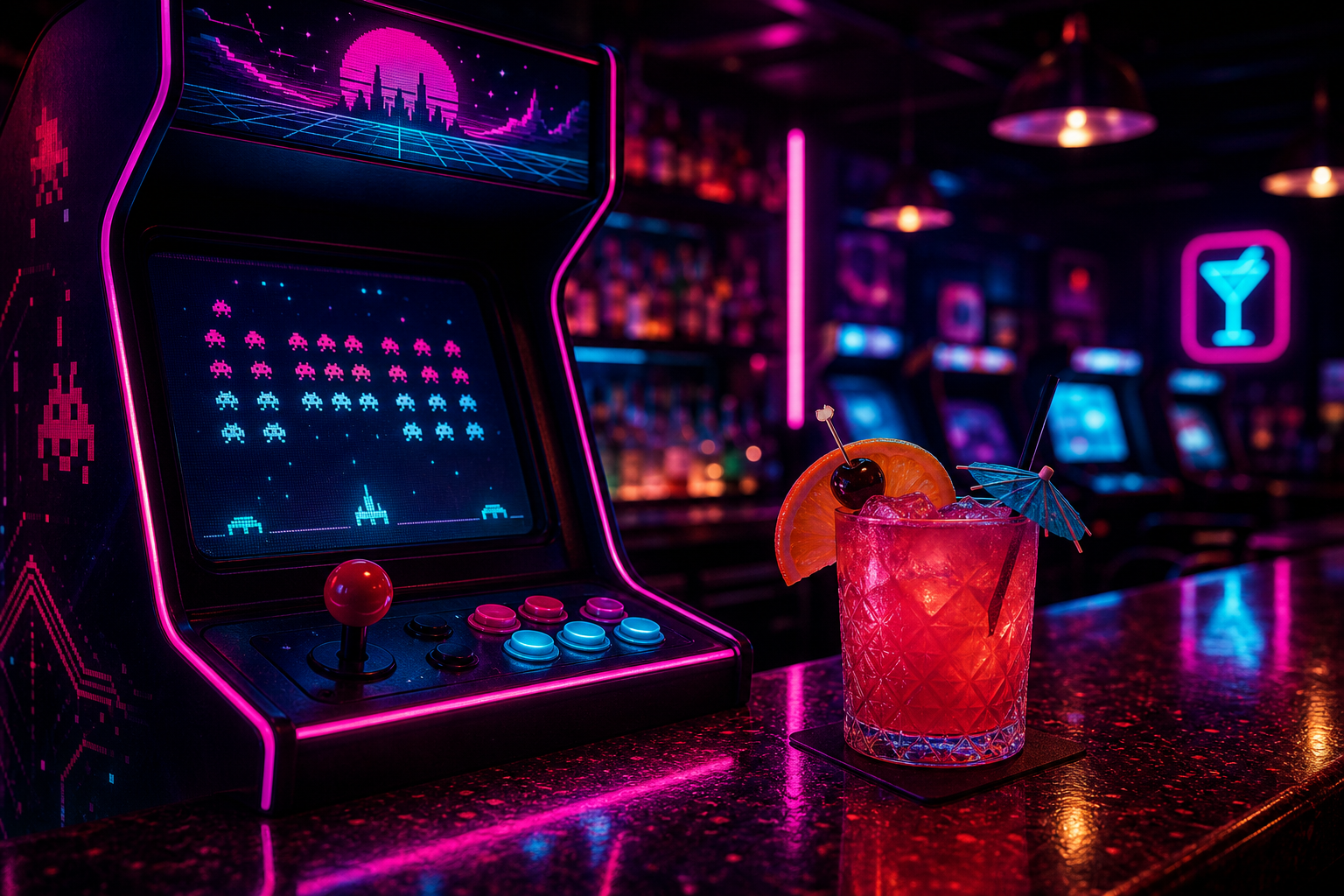 A glowing retro arcade cabinet and cocktail on a neon-lit bar counter