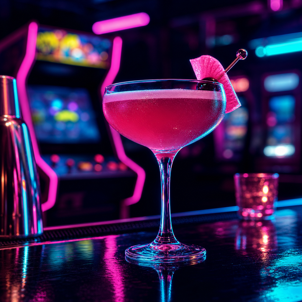 Vibrant cocktail in a coupe glass with neon garnish on a glossy bar top