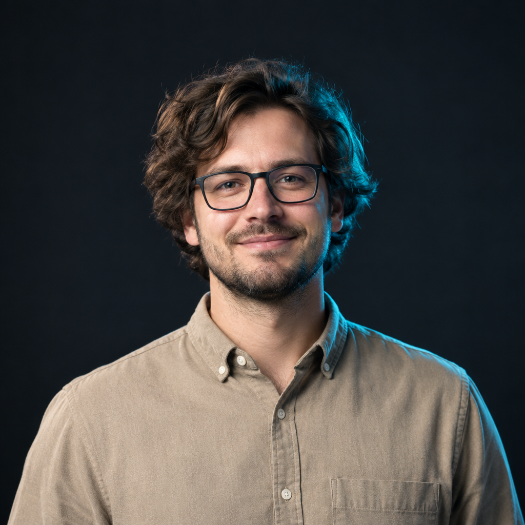 Andrii Lysenko, with wavy brown hair, rectangular glasses, and a sand-colored shirt