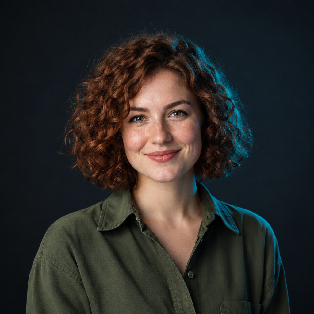 Ira Bondarenko, with a curly auburn bob and an olive shirt
