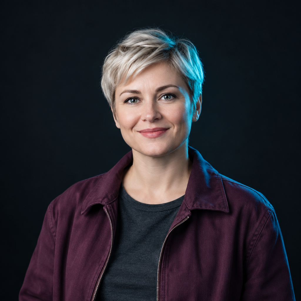 Nataliia Moroz, with short silver-blonde hair and a plum jacket