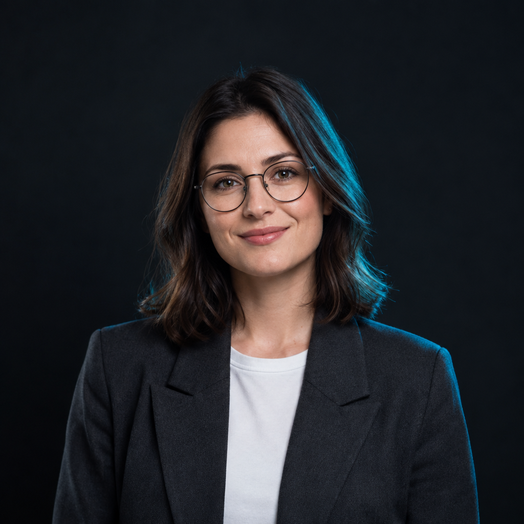 Olena Koval, wearing round glasses and a charcoal blazer