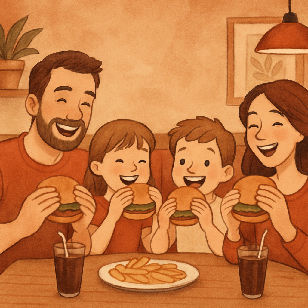 Happy family enjoying burgers at a table