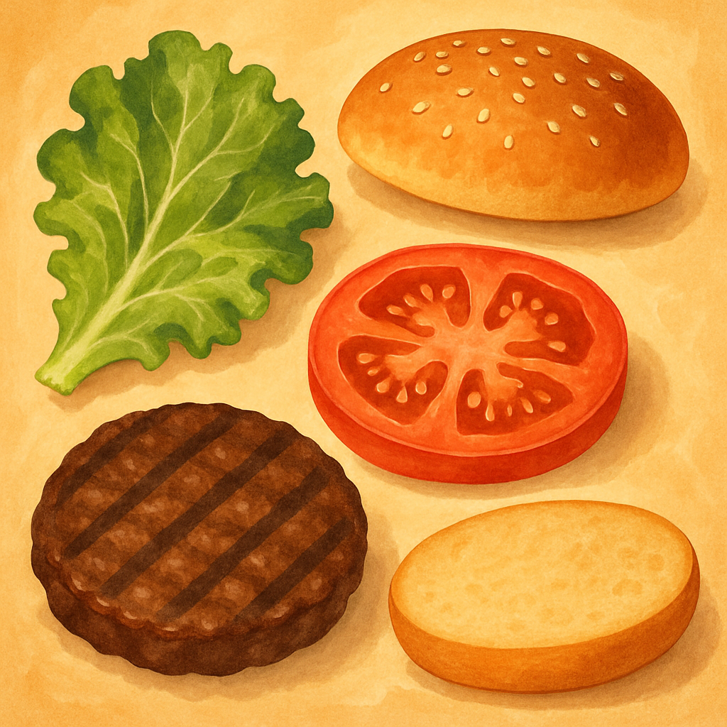 Fresh ingredients illustration showing lettuce, tomato, and a burger bun