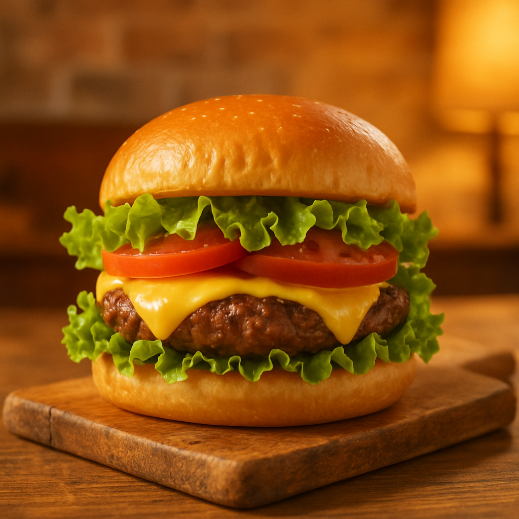 A delicious, juicy burger with fresh toppings, on a wooden board, inviting for families.