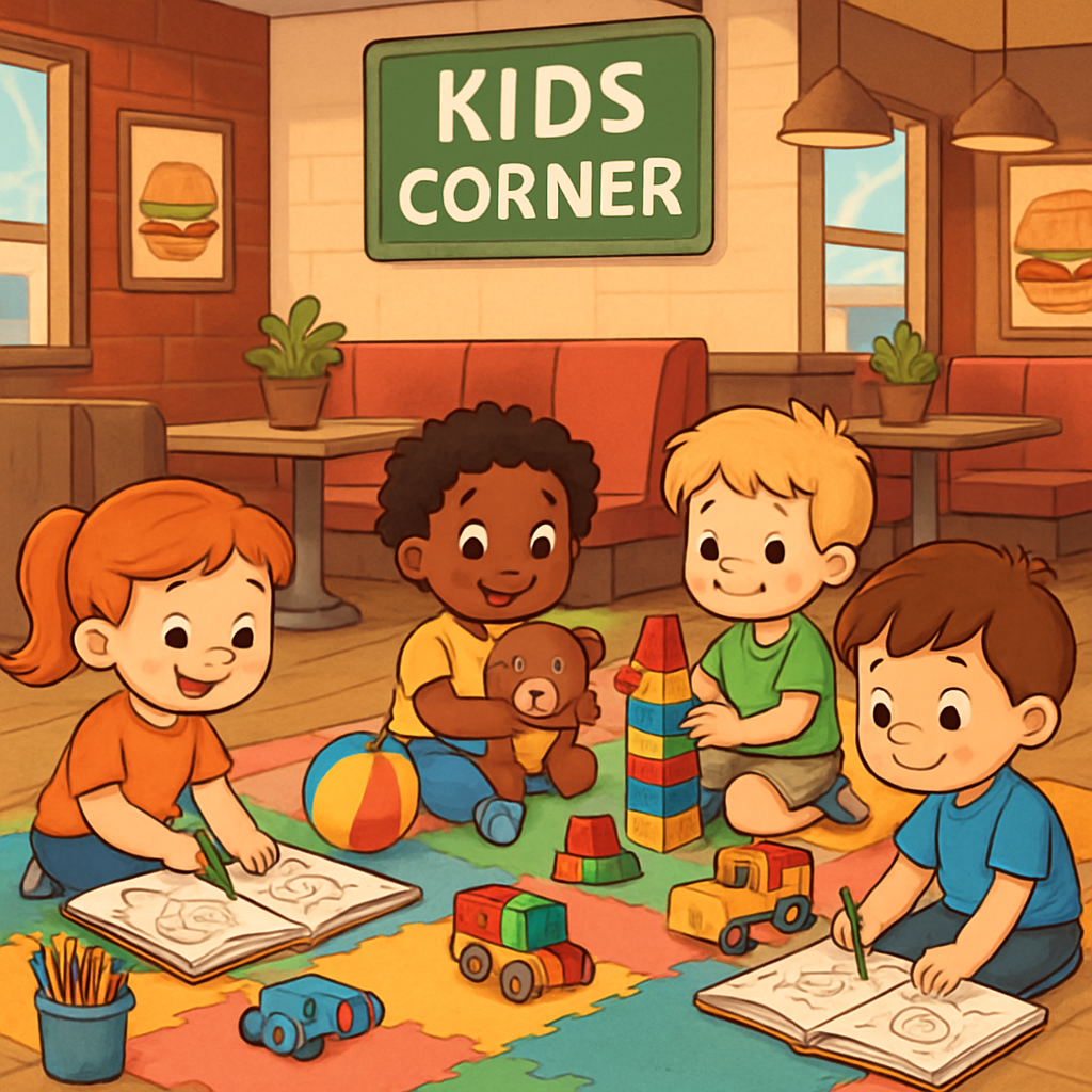 Kids playing with toys and coloring at a fun corner