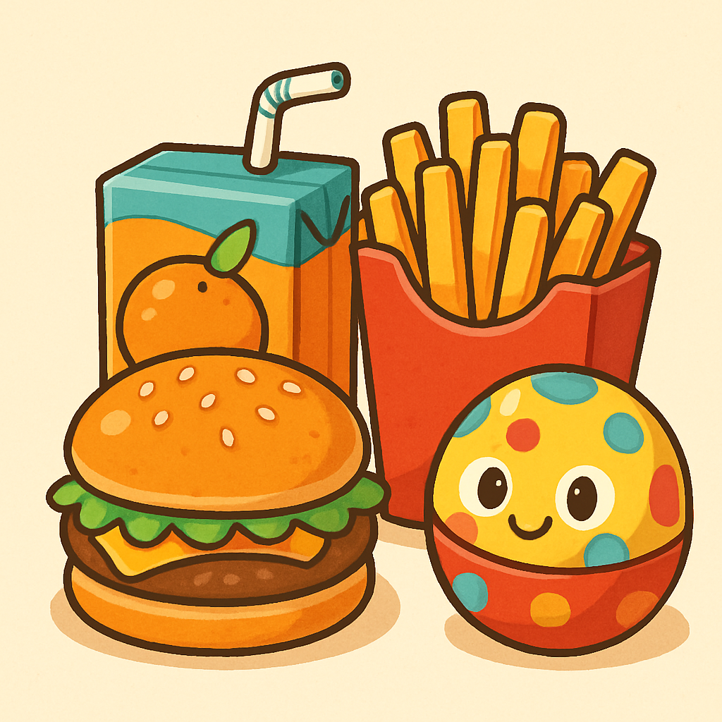 Kids Meal with mini burger, fries, and a drink, cartoon style