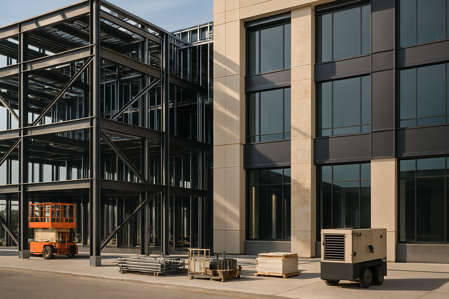 Sophisticated commercial construction site with steel framing and modern building facade