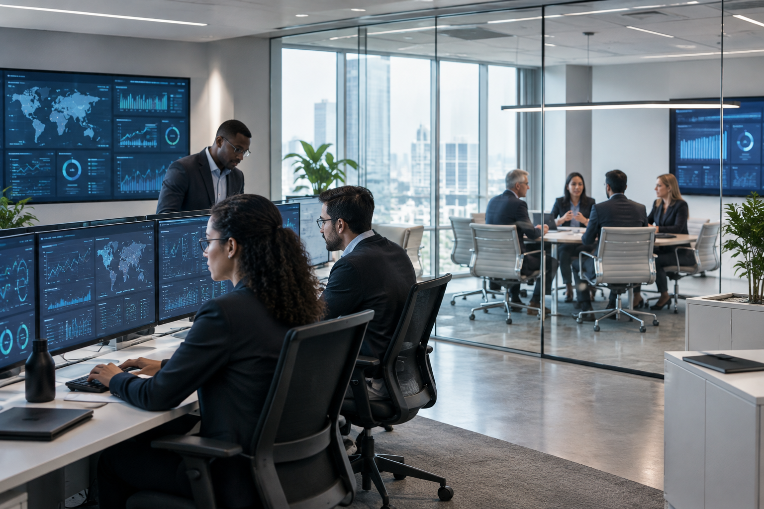 Modern enterprise IT operations office with analysts reviewing infrastructure dashboards