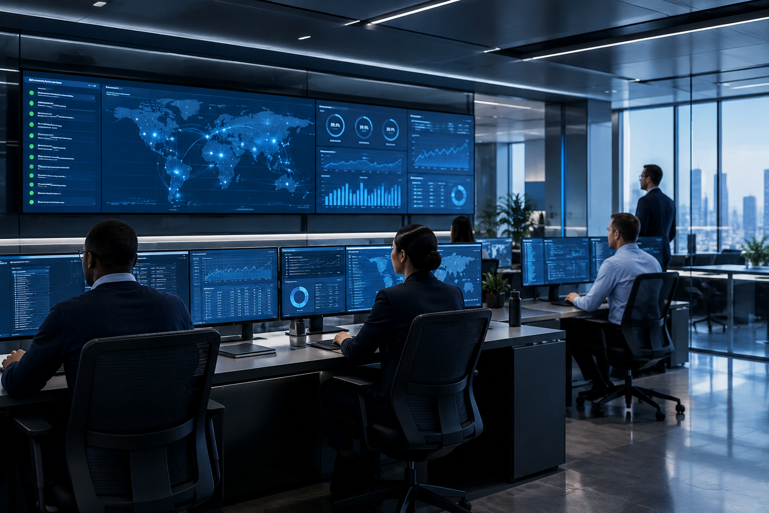 Modern enterprise IT operations room with analysts monitoring structured network and systems dashboards in a calm, premium environment