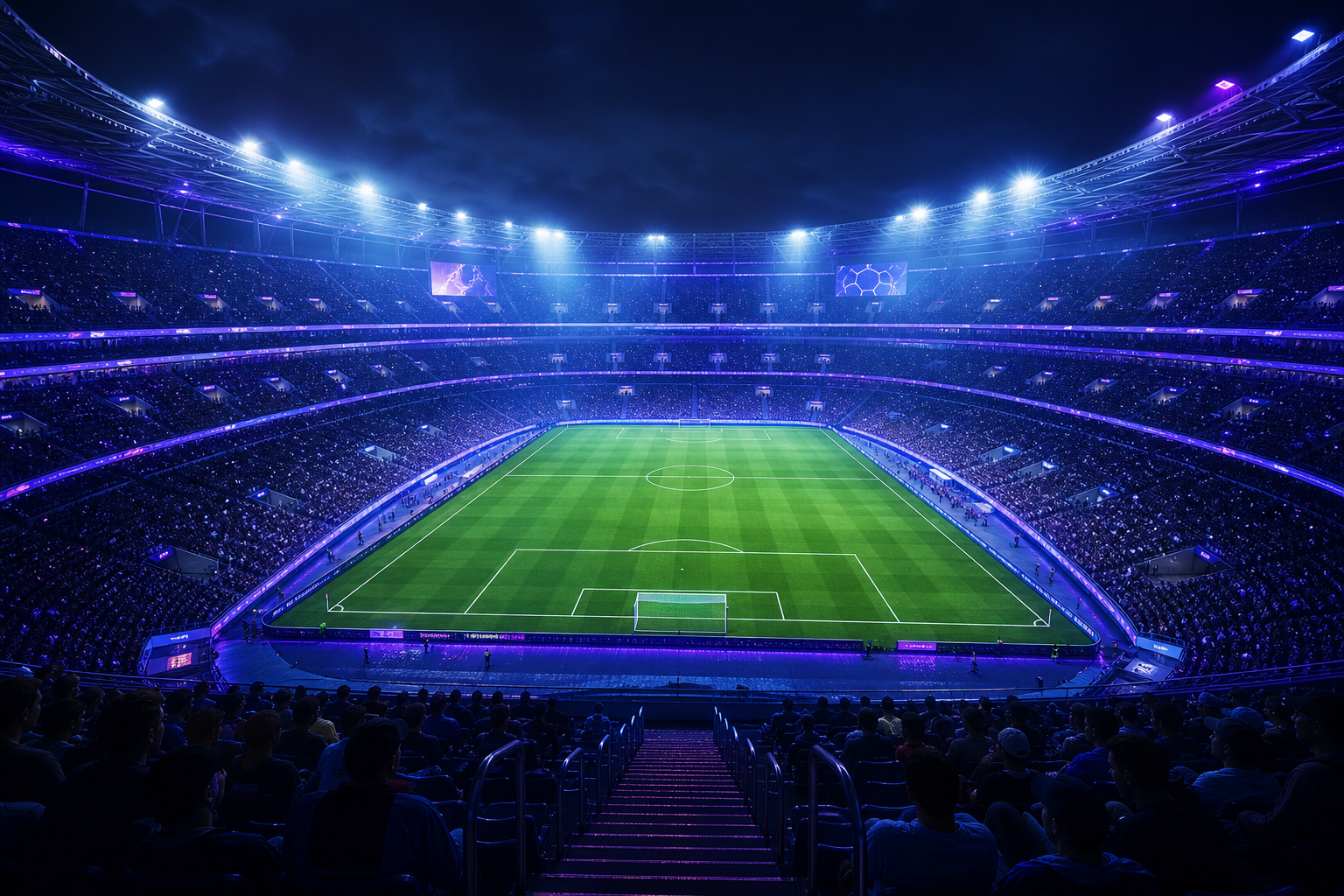 Stylized night football stadium with illuminated stands and pitch lights