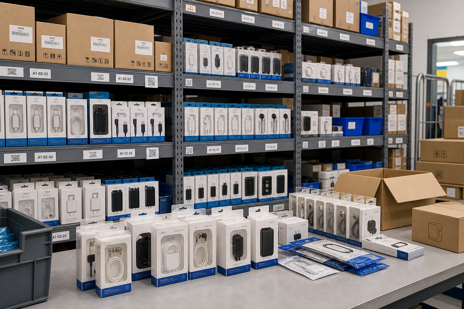 Organized retail chain backroom with standardized electronics accessory kits and barcode-labeled cartons