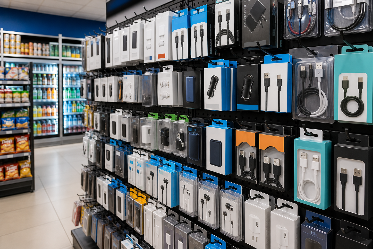Convenience store aisle with compact pegboard electronics accessories in grab-and-go packaging