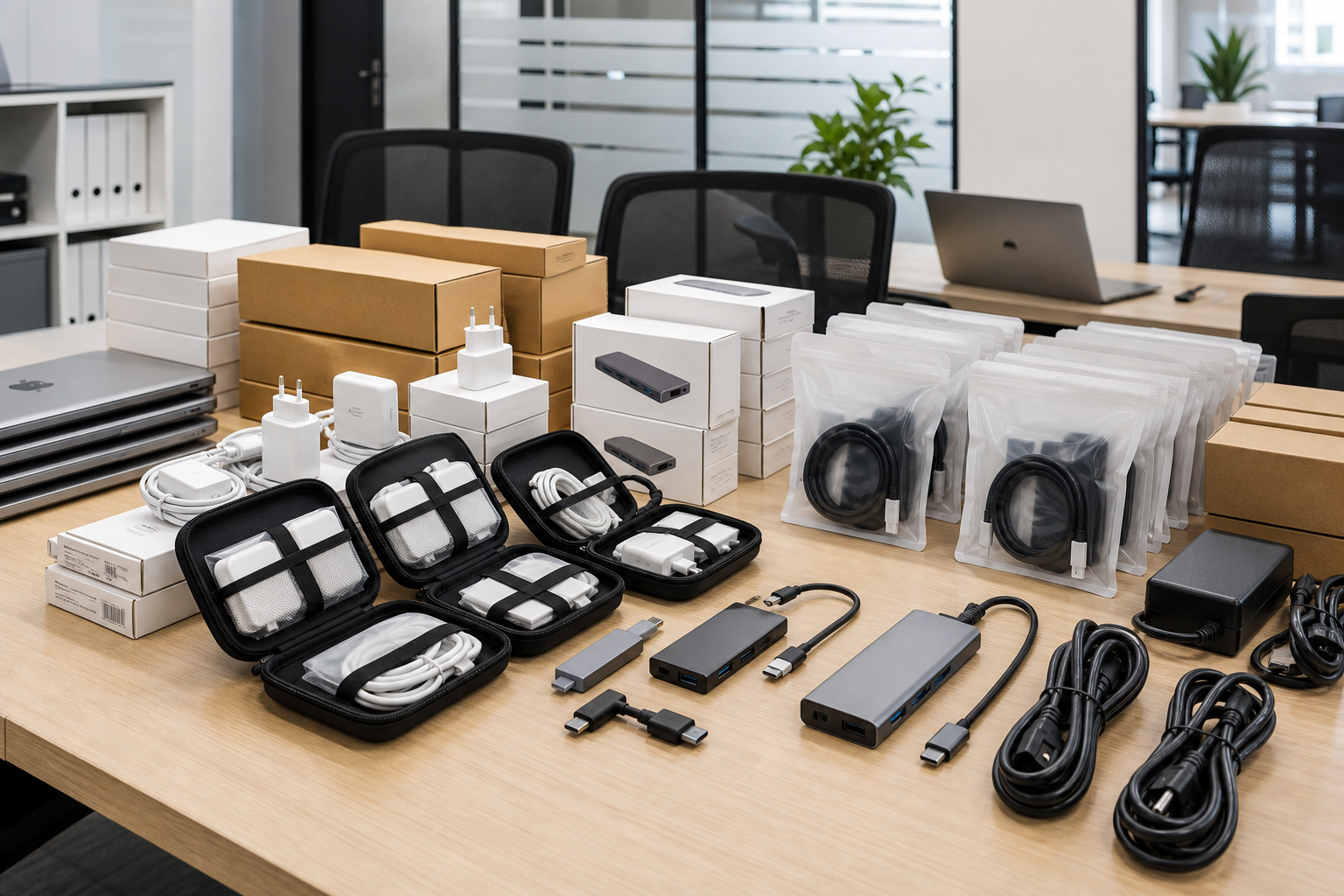 Office procurement table with organized workplace tech bundles including chargers, docking accessories, and cables