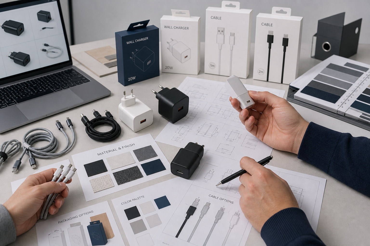 Private label electronics sourcing workspace with sample products, packaging mockups, and specification sheets