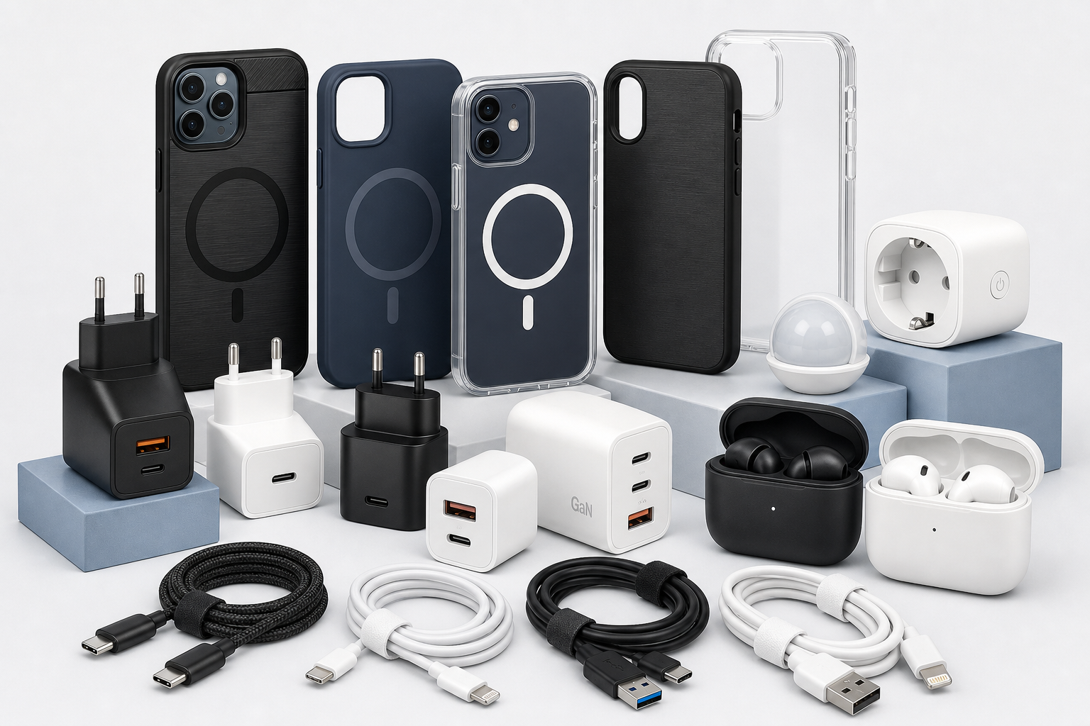 Premium wholesale collage of phone cases, fast chargers, USB cables, earbuds, smart plugs, and compact consumer electronics arranged for a B2B product catalog presentation
