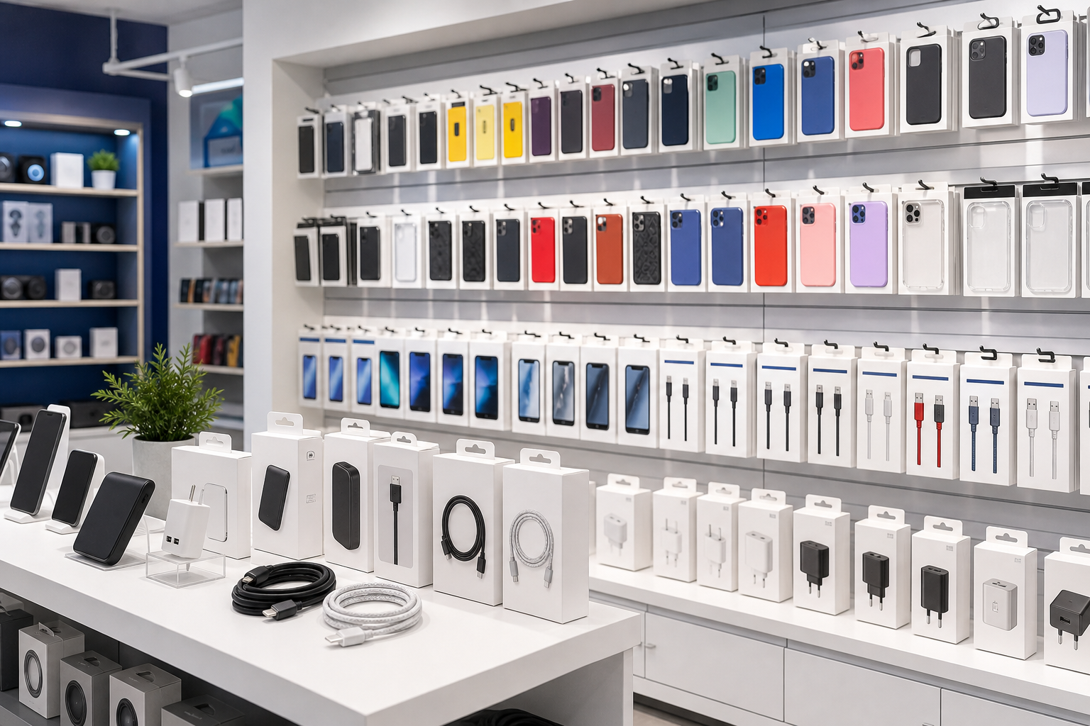Retail mobile accessories shelf with packaged chargers, cables, and phone cases ready for in-store display
