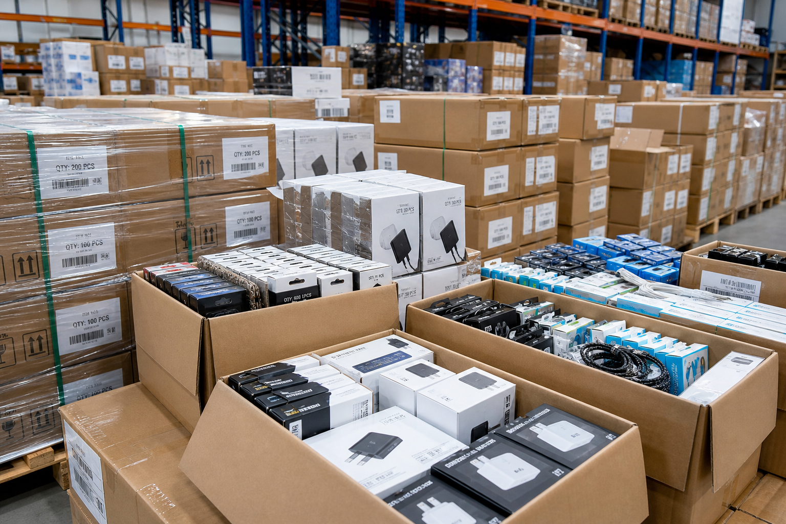 Wholesale warehouse pallets of boxed electronics accessories prepared for regional distribution partners