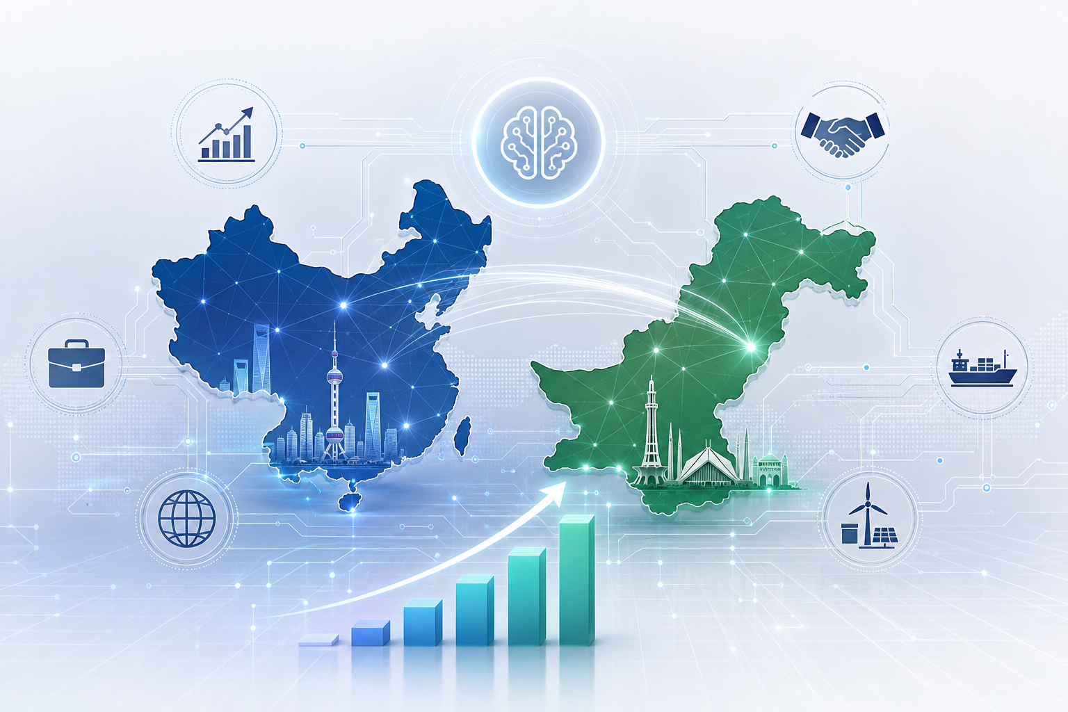 Abstract technology illustration showing a digital network map linking China and Pakistan with business nodes, charts, and AI symbols
